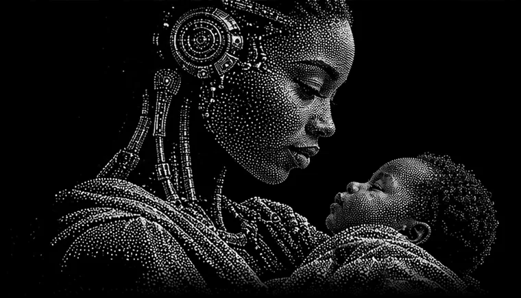 A machine mother, drawn in white dots, gazing down at her sleeping human baby